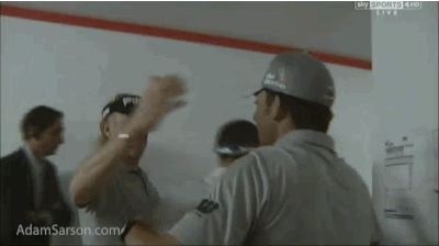 Larrazabal is congratulated by Miguel Angel Jimenez.