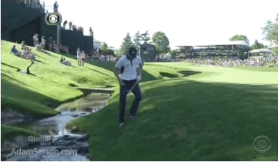 Martin Kaymer nearly tumbles into the creek.