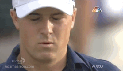 Jordan Spieth reacts to his approach at 17.