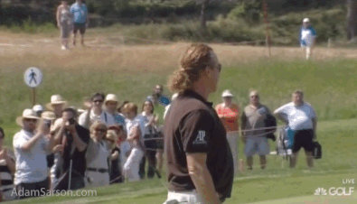 Jimenez addresses the fans in Spain, featuring the putter-sword.