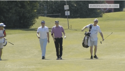 Jimenez dances in the fairway after a holeout at the Lyoness Open.