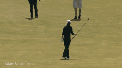 Mo Martin dances in the fairway after nearly holing out for a two.