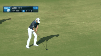 Danny Willett gets a bounce out of the water and into the fairway.