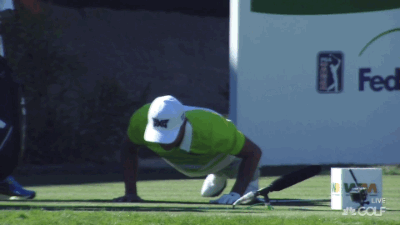 James Hahn does some pushups after a bad shot on 16.