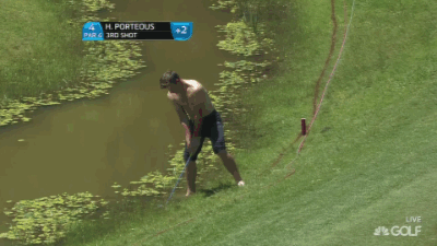 First, he takes his shirt and shoes off.