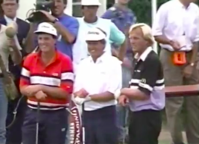 Mark Calcavecchia, Wayne Grady and Greg Norman pose for a photo before starting their playoff at the 1989 Open Championship.